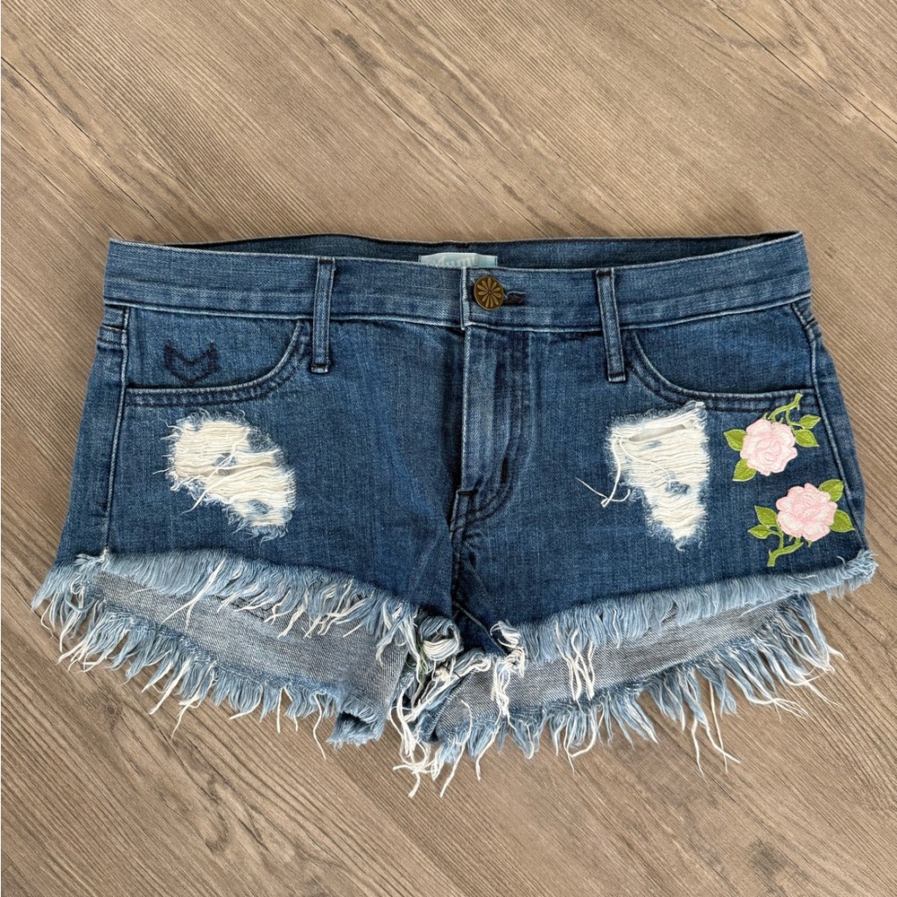 Show Me Your MuMu Distressed Blue Jean Shorts with Floral Embroidery